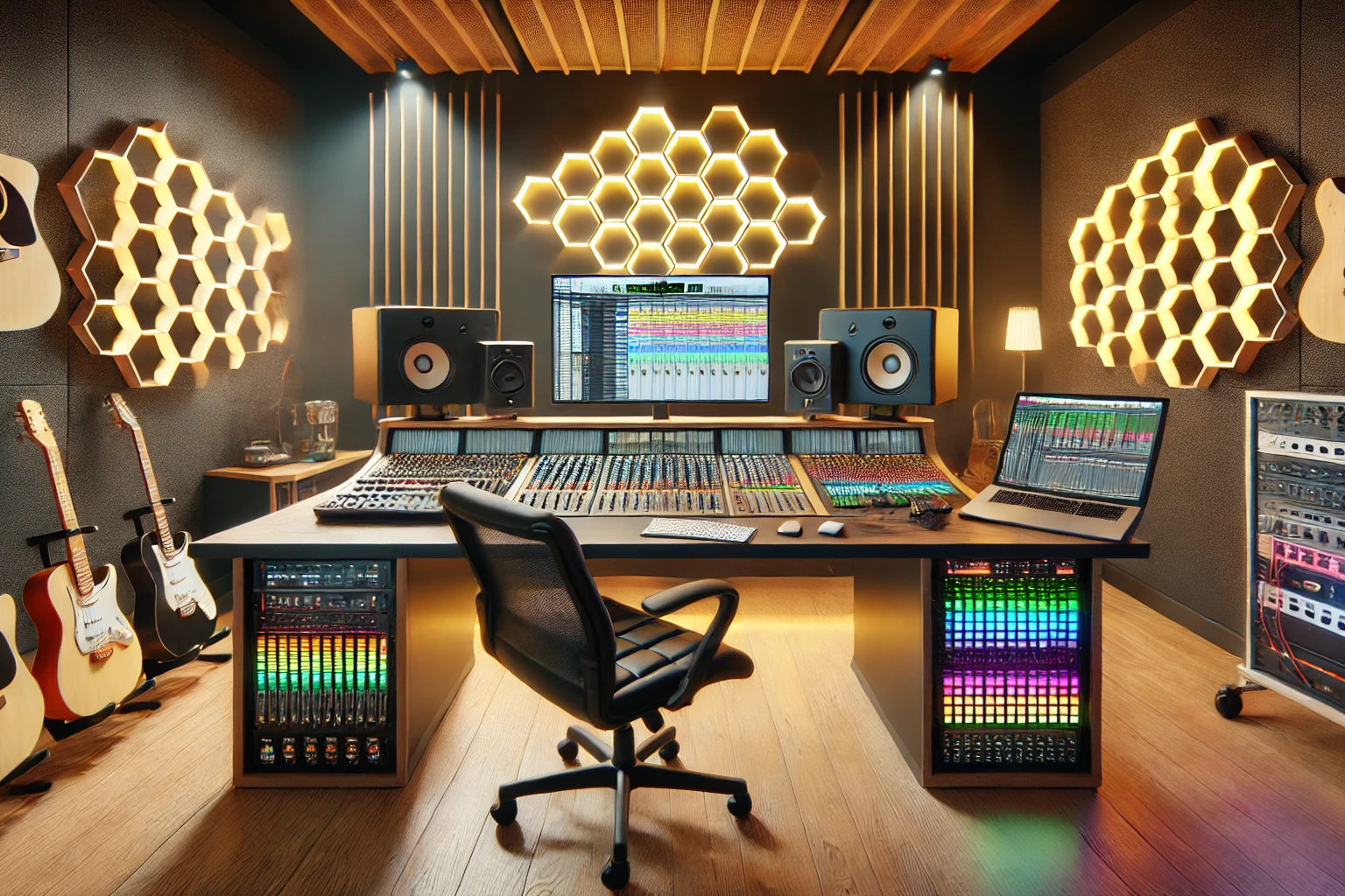 Vue large d’une salle de prise de son traitée acoustiquement